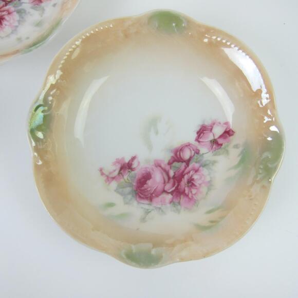 5 Antique Porcelain Bowls Lusterware Roses Pink Green Three Crown China Germany - Picture 6 of 9